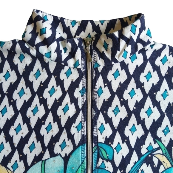 Chico's Weekends 100% Cotton Abstract Floral Butterfly Zip Jacket Beaded Bling - Picture 5 of 10